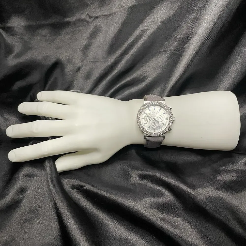 Women’s bebe Quartz Dress Watch Silver Dial Crystal Bezel Gray Leather 45mm